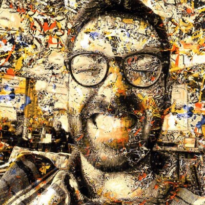selfie of a man smiling too big, processed in the style of a Jackson Pollock's drip/splatter technique